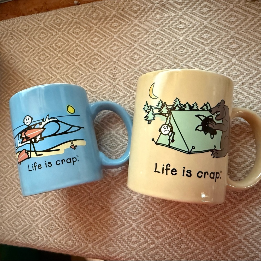 Set of 2 Offsides Life is Crap Camping Surfing Mugs